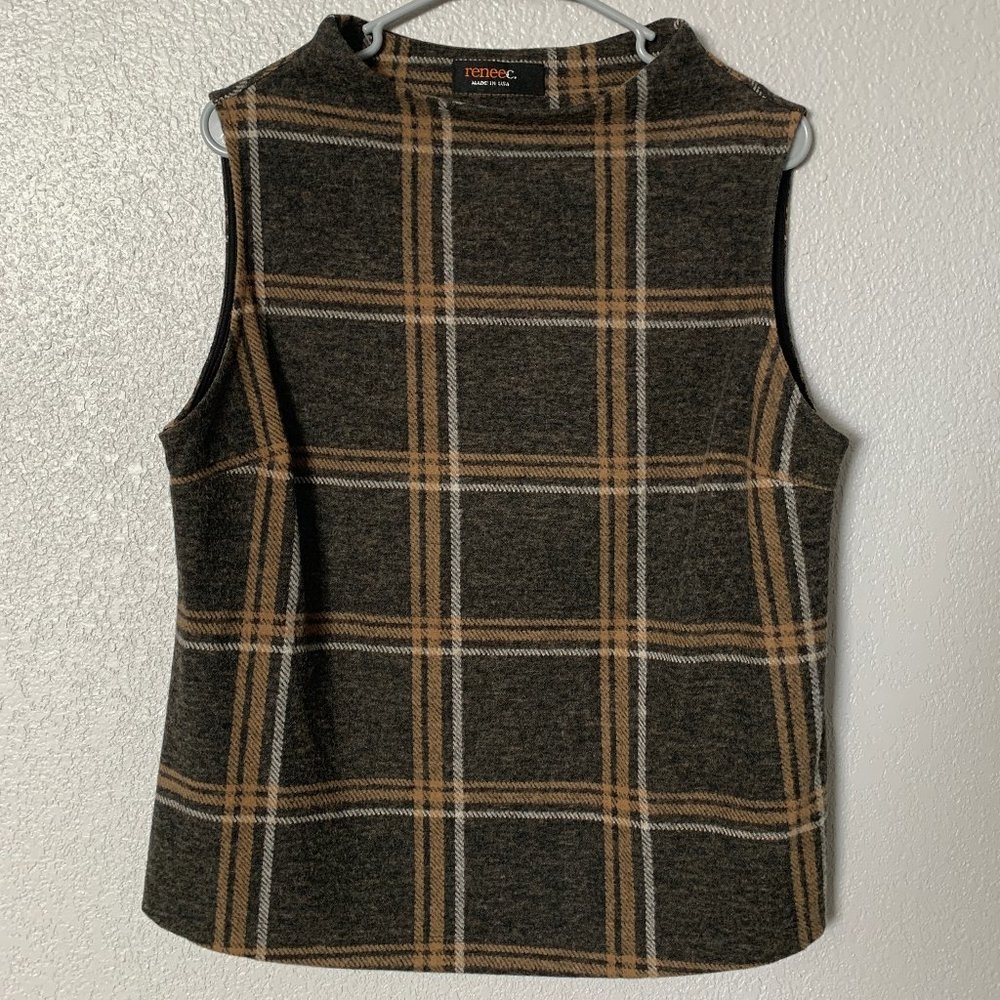 EUC, Renee C. Women's Lg Brown Plaid Pullover, Made In USA, Poly-Spandex, Soft.